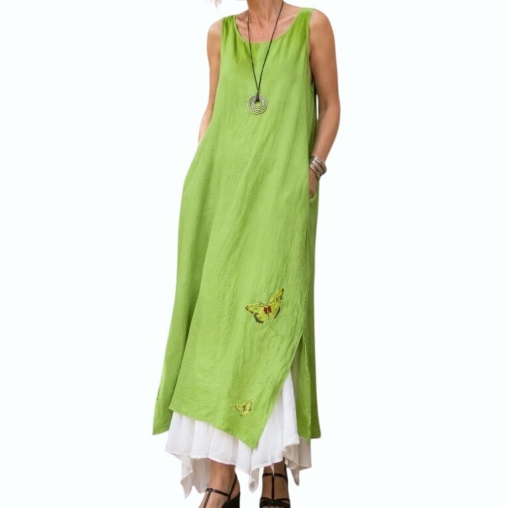 Liz & Jane 100% Linen Butterfly Embroidered Maxi Dress Green Lagenlook Boho Luxe